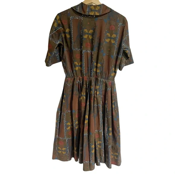 Alex Colman Vintage Brown Medium A Line 50s 60s Button Front Day Dress MIDI - Picture 2 of 10